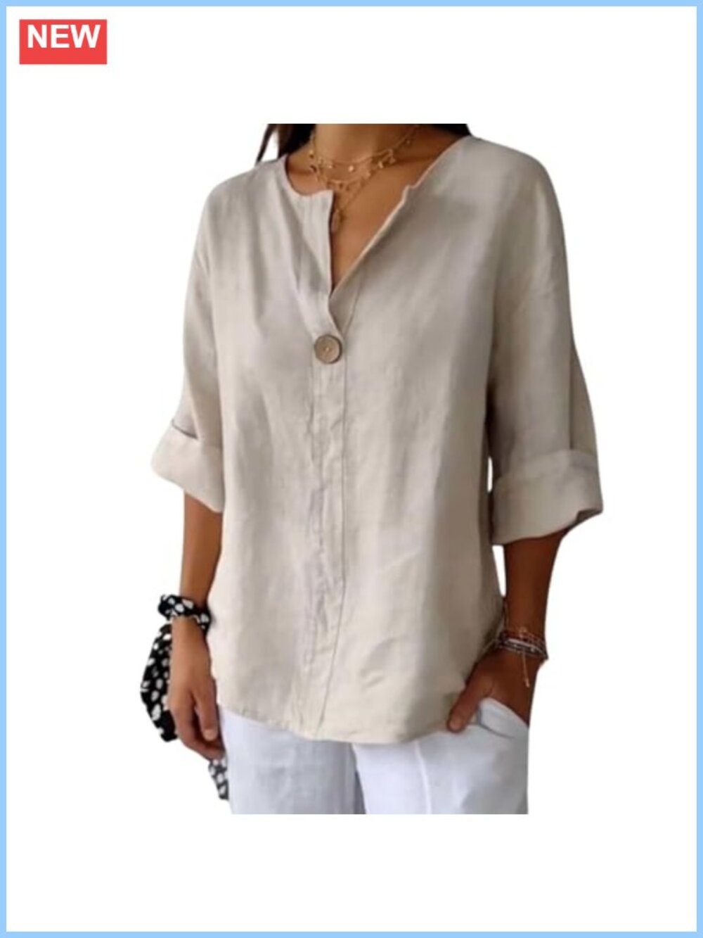 Women's Cotton Linen 3/4 Sleeve V-Neck Boho Top